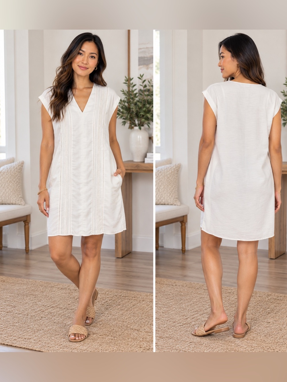All Row White Pintuck Lace Trim V Neck Shift Mini Dress Size S